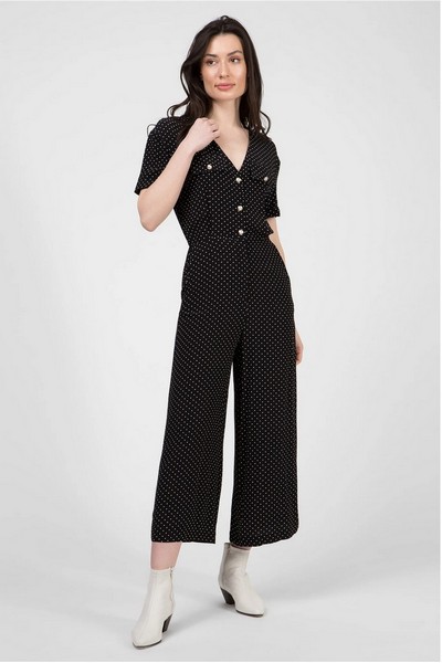 Cropped Button Embellished Polkadot Crepe de Chine Jumpsuit