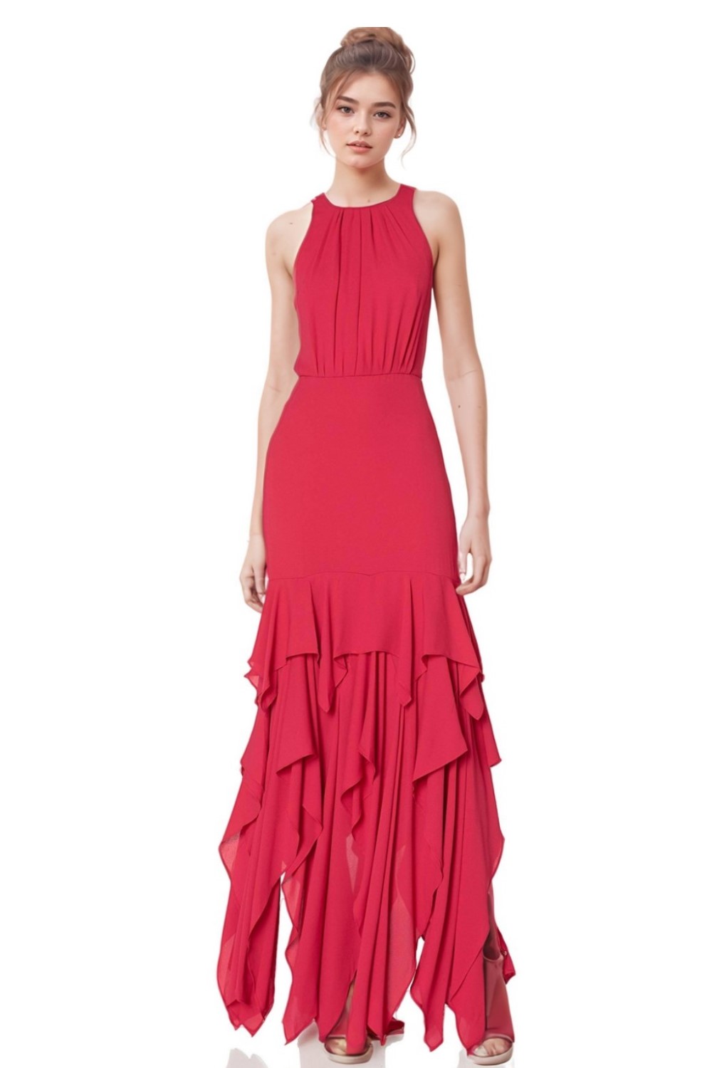 Asymmetric Ruffled Crepe Gown Crimson