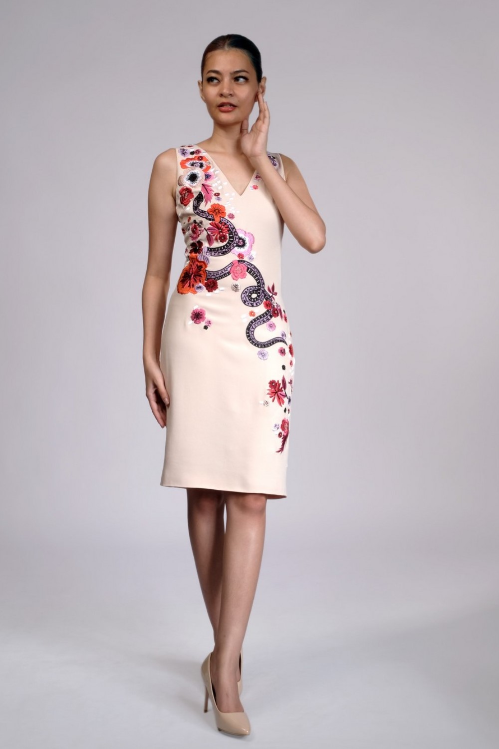 Crystal Embllished Embroidered Crepe Dress