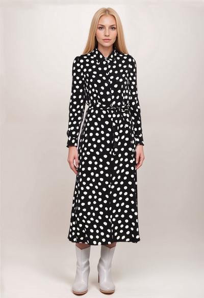 Belted Polkadot Satin Jacquard Midi Dress